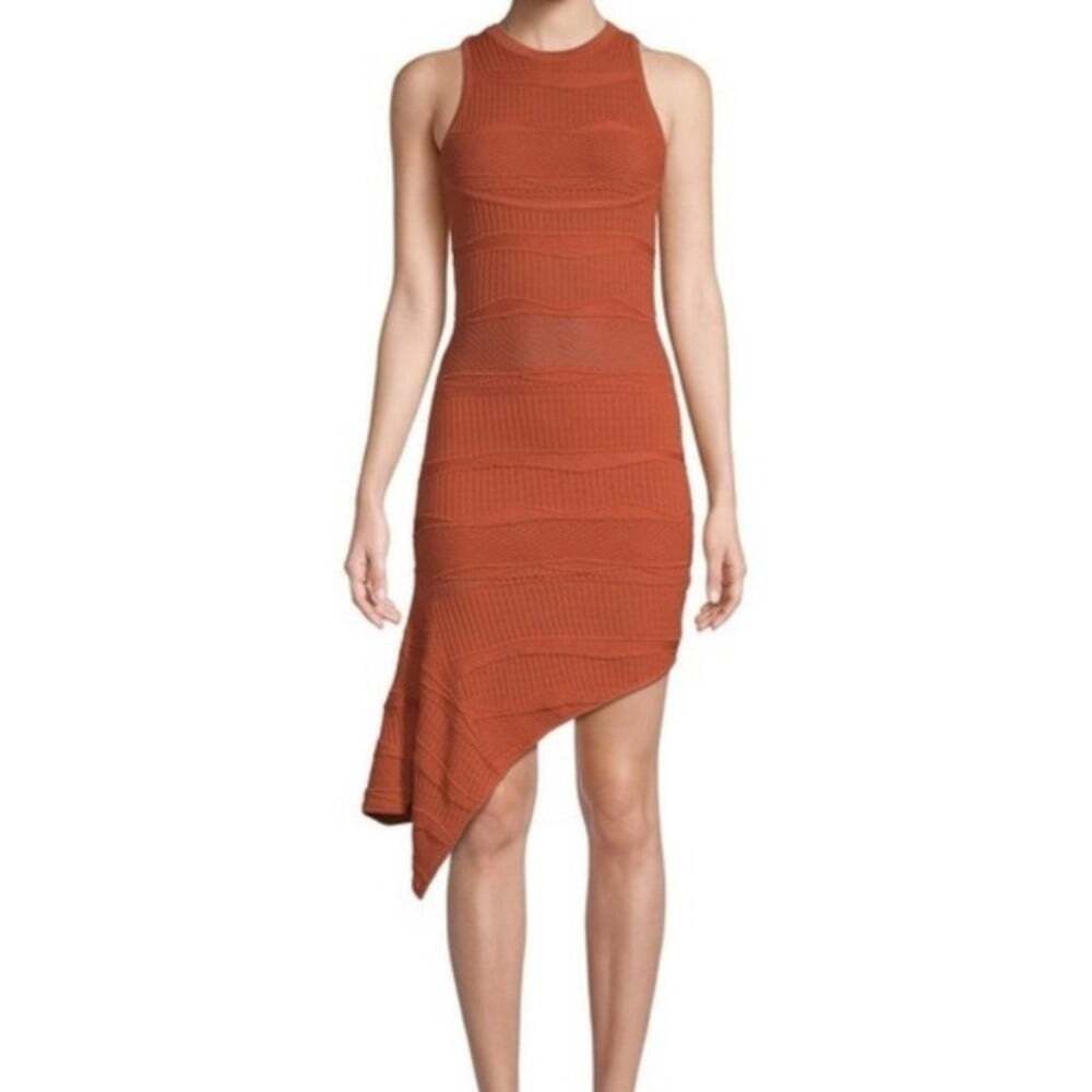 Ronny Kobo Women S Alzata Dress Asymmetric Hem Rust Brown Knit Bodycon Sheer NEW